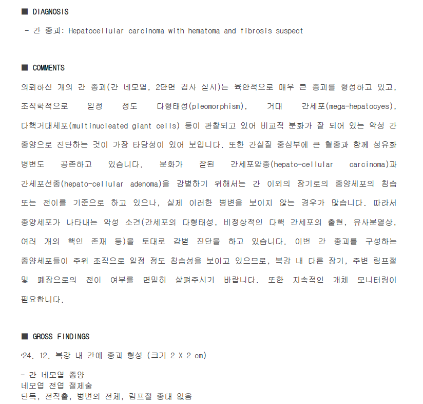 간 종괴의 조직병리 검사 결과지