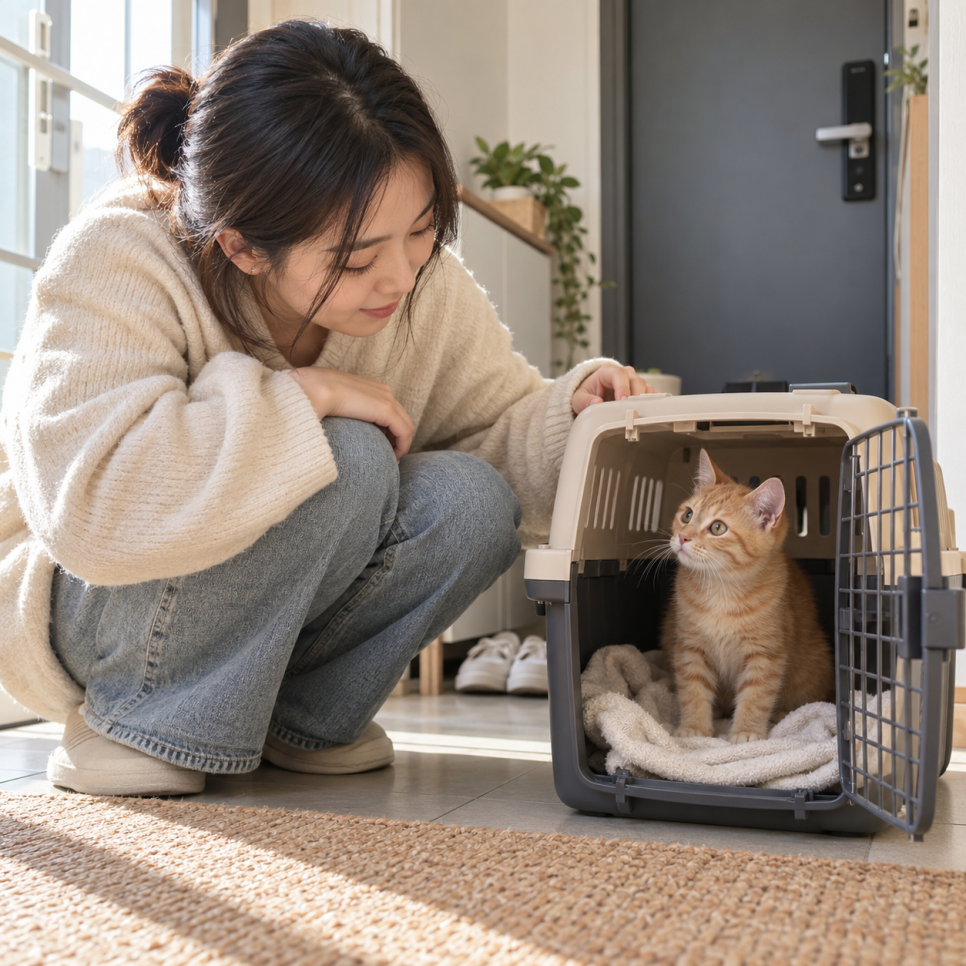 집에서 열린 이동장에 머무르는 어린 고양이