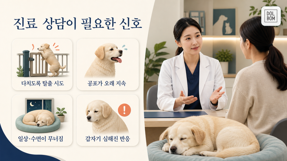 부상 위험과 오래가는 공포 등 수의사 상담이 필요한 상황을 정리한 안내 그림