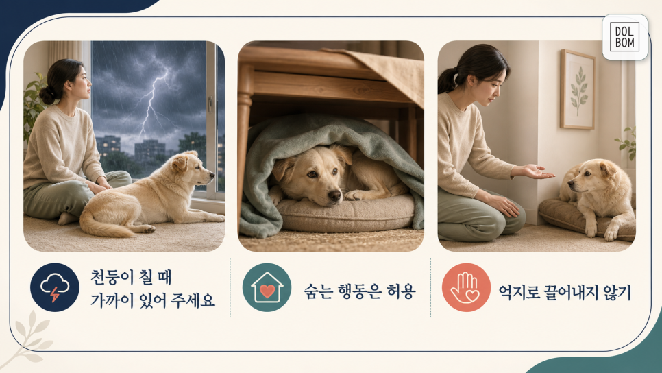 곁에 있기, 숨기 허용, 억지로 꺼내지 않기를 나타낸 보호자 행동 안내