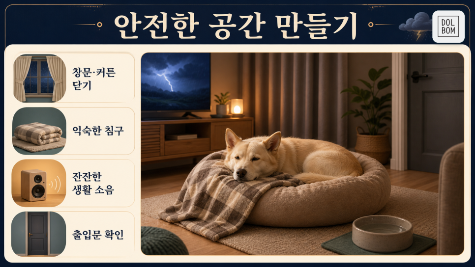 익숙한 침구와 닫힌 창문·커튼 등 안전 공간 준비를 설명한 안내 그림