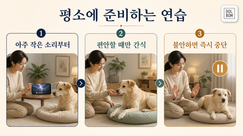 작은 소리부터 시작하고 편안할 때 보상하며 긴장하면 멈추는 연습 안내