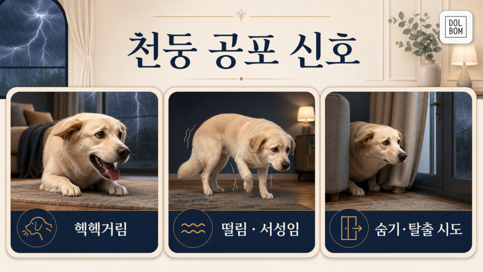 헐떡임, 떨림과 서성임, 숨기와 도망 행동을 보여 주는 안내 그림